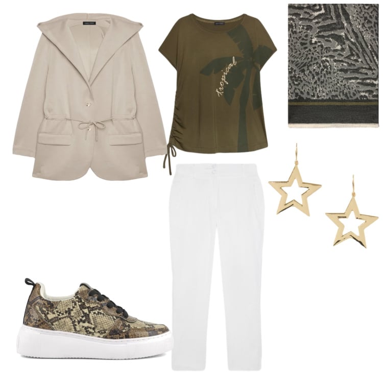 Outfit donna - Mezza stagione con stile. Stile Basic per Tutti i giorni. Abbinamento con felpe con cappuccio, pantaloni, sciarpe, orecchini, t-shirt, sneakers.
