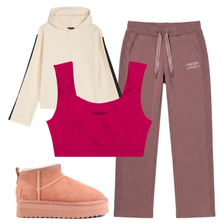 Outfit donna - Relax in rosa. Stile Casual per Tutti i giorni. Abbinamento con felpe con cappuccio, pantaloni, top sportivi, stivaletti.