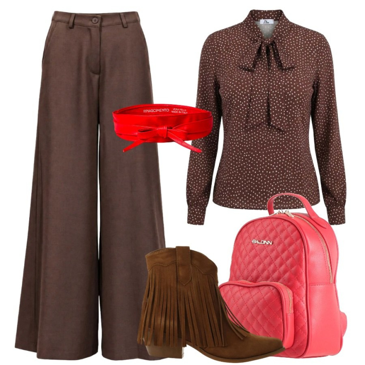 Outfit donna - Il rosso e il cioccolato. Stile Sporty chic per Ufficio. Abbinamento con bluse, pantaloni a palazzo, stivaletti texani, cinture, zaini.