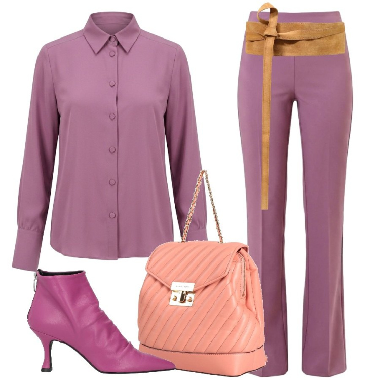 Outfit donna - Sfumature di rosa. Stile Sporty chic per Ufficio. Abbinamento con cinture, pantaloni, camicie, stivaletti, zaini.