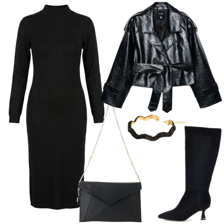 Outfit donna - Tutto nero. Stile Sexy per Serata fuori. Abbinamento con borse a tracolla, vestiti midi/longuette, collane, trench, stivali sopra il ginocchio.