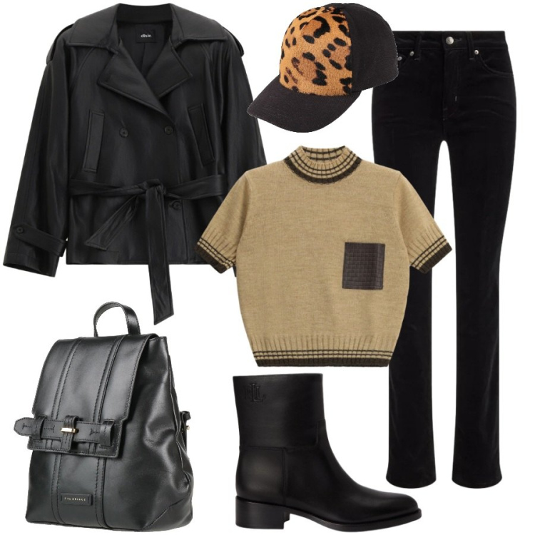 Outfit donna - Weekend in una città d' arte. Stile Urban per Tutti i giorni. Abbinamento con cappelli con visiera, zaini, trench, maglieria, stivaletti, pantaloni.