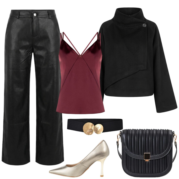 Outfit donna - Accessori luminosi per un aperitivo. Stile Trendy per Serata fuori. Abbinamento con borse a tracolla, top, décolleté, cinture, pantaloni, cappe.