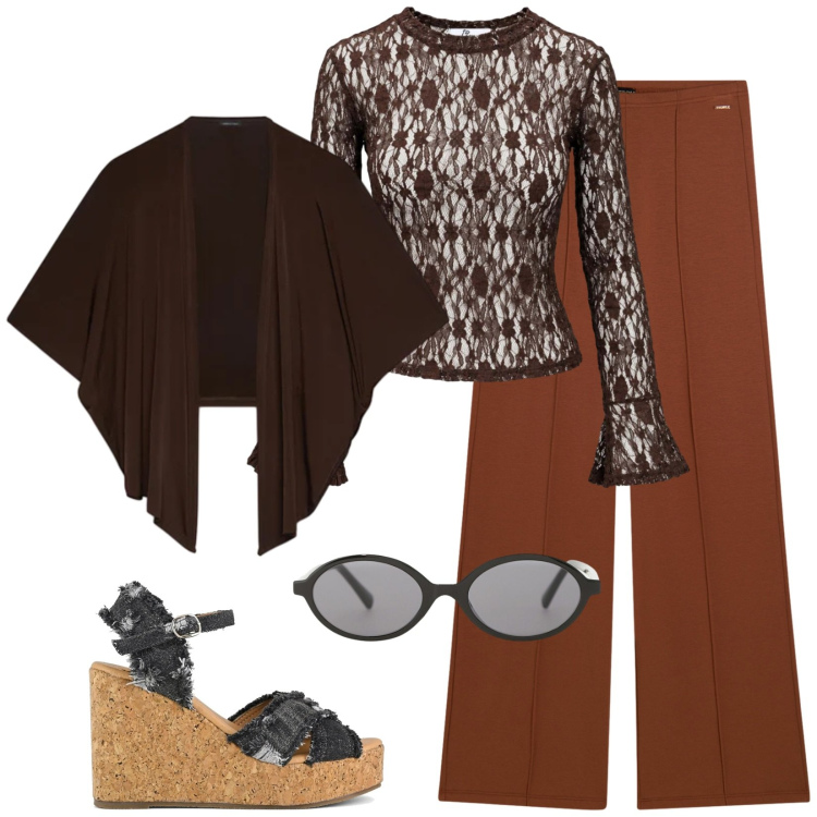 Outfit donna - Total look #2495004. Stile Chic per Serata fuori. Abbinamento con top, occhiali da sole, blazer, pantaloni, zeppe.
