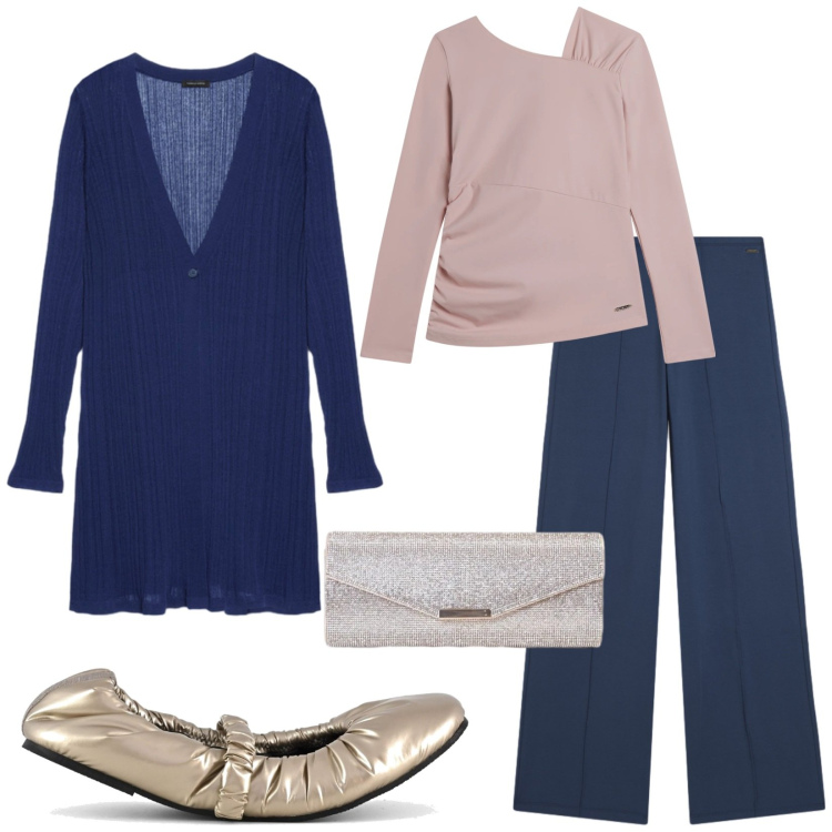 Outfit donna - Total look #2495008. Stile Casual chic per Serata fuori. Abbinamento con blazer, clutch, maglieria, pantaloni, ballerine.