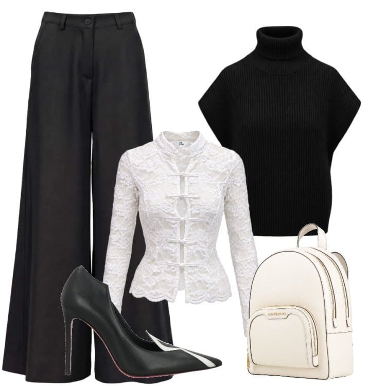Outfit donna - Chic in bianco e nero. Stile Chic per Ufficio. Abbinamento con top, pantaloni a palazzo, maglieria, zaini, décolleté.
