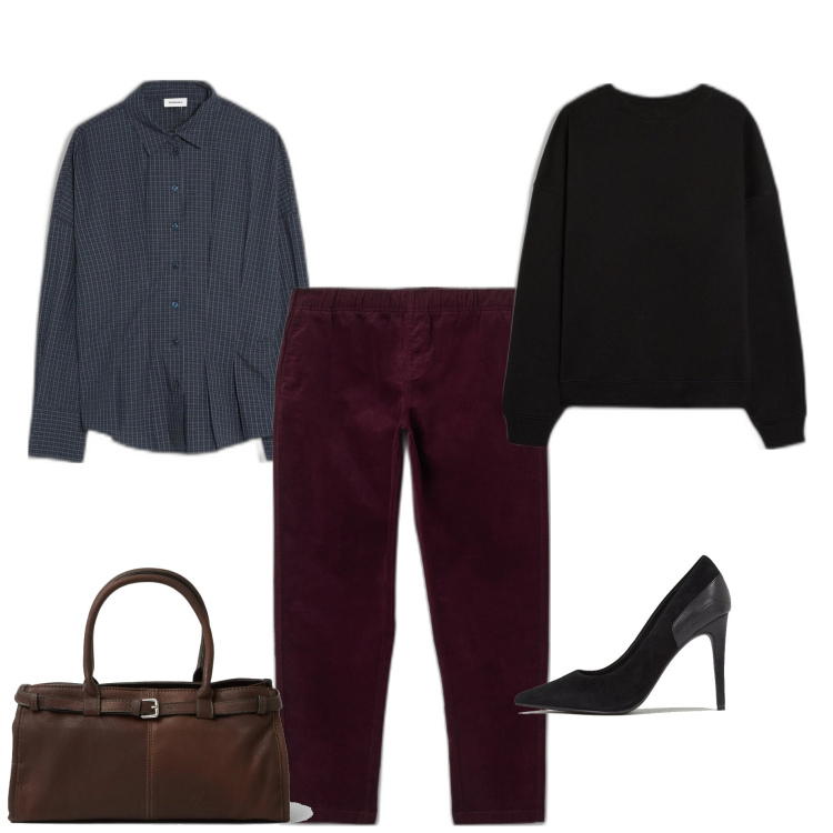 Outfit mujer - Casual #10372. Estilo Casual para Todos los días. Combinación con salones, bolsos de mano, sudaderas, camisas, pantalones.