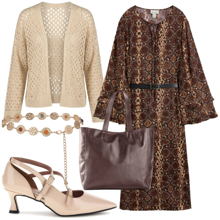 Outfit donna - Brunch. Stile Casual chic per Tutti i giorni. Abbinamento con cardigans, cinture, vestiti midi/longuette, décolleté, shopping bag.