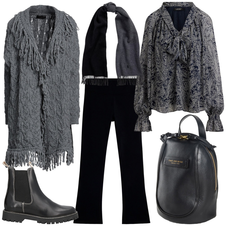 Outfit donna - Weekend fuori città. Stile Casual chic per Tutti i giorni. Abbinamento con cardigans, zaini, stivaletti chelsea, leggings, bluse, sciarpe.