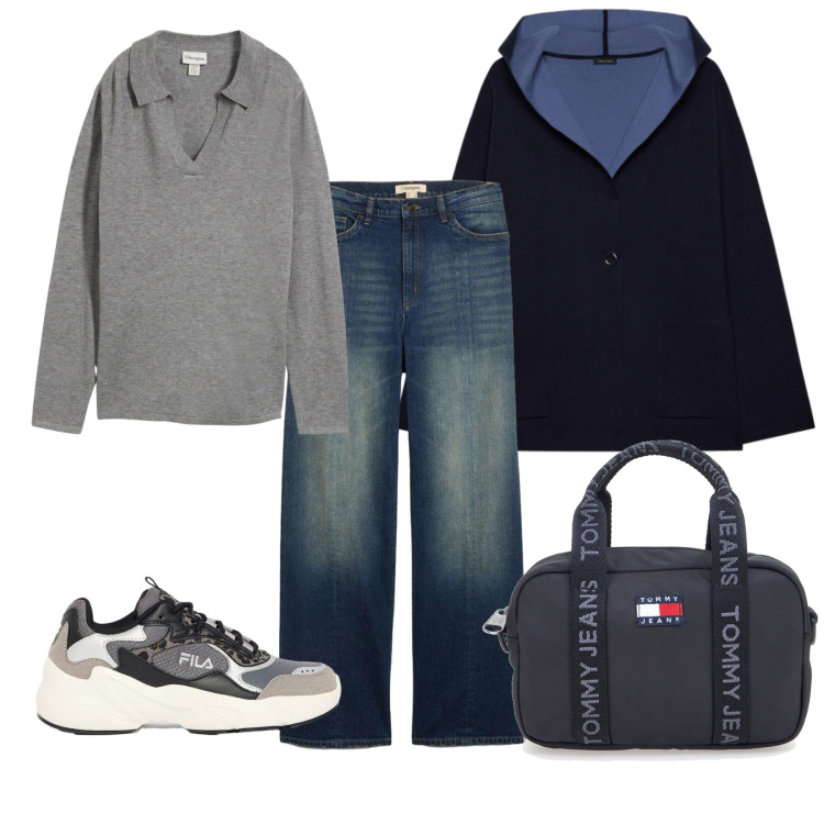 Outfit donna - Capsule wardrobe. Stile Casual per Tutti i giorni. Abbinamento con cappotti, polo, jeans dritti, borse a tracolla, sneakers.