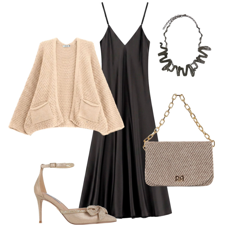 Outfit donna - Romantica in slip dress. Stile Romantica per Serata fuori. Abbinamento con vestiti lunghi, ciondoli, cardigans, borse a spalla, décolleté.