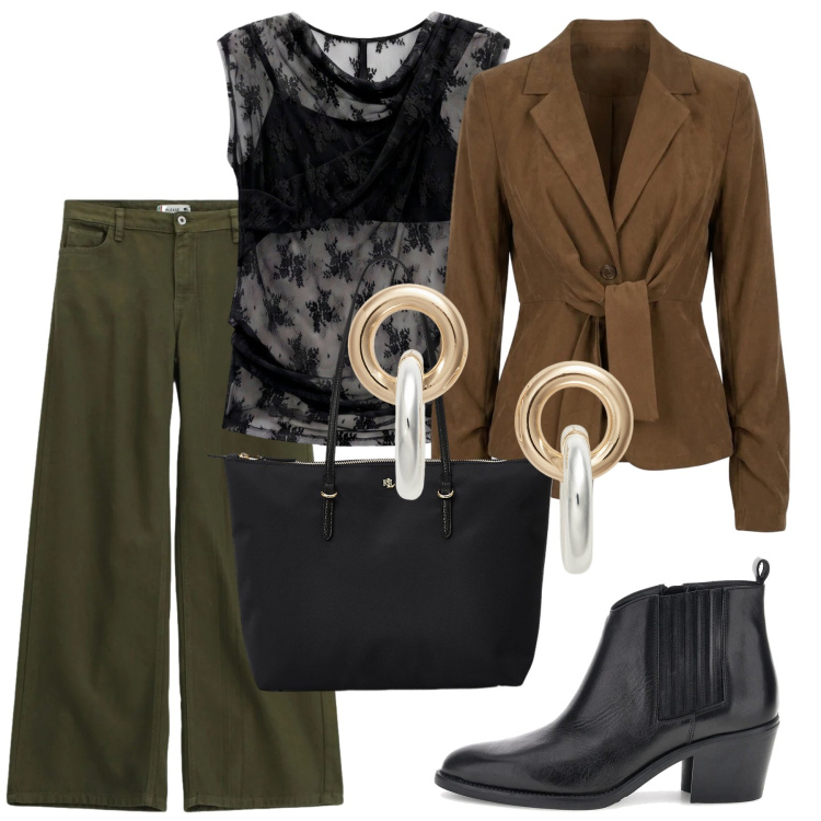 Outfit donna - Total look #2495035. Stile Glamour per Serata fuori. Abbinamento con top, pantaloni a palazzo, orecchini, borse tote, blazer, stivaletti texani.