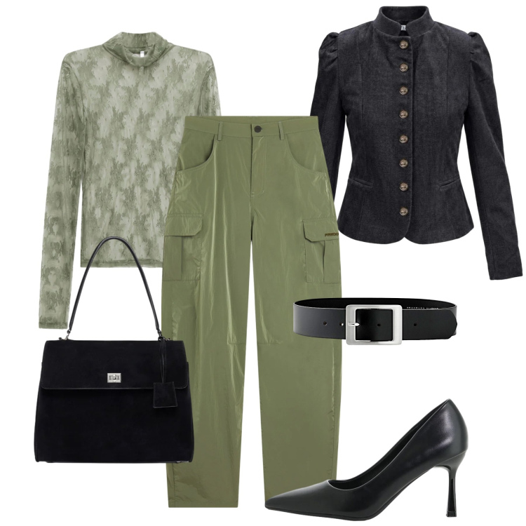 Outfit donna - Cargo e tacchi - @pamela. Stile Casual chic per Serata fuori. Abbinamento con blazer, t-shirt, décolleté, borse a mano, pantaloni cargo, cinture.