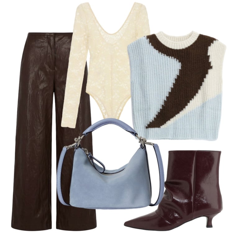 Outfit donna - Total look #2495039. Stile Rock per Serata fuori. Abbinamento con body, borse a spalla, pantaloni a palazzo, stivaletti, maglieria.