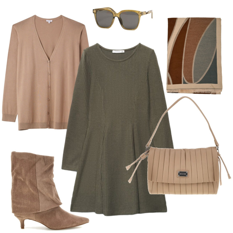 Outfit donna - Domenica ore 12:00. Stile Basic per Tutti i giorni. Abbinamento con sciarpe, occhiali da sole, vestiti corti, cardigans, pochette, stivaletti.