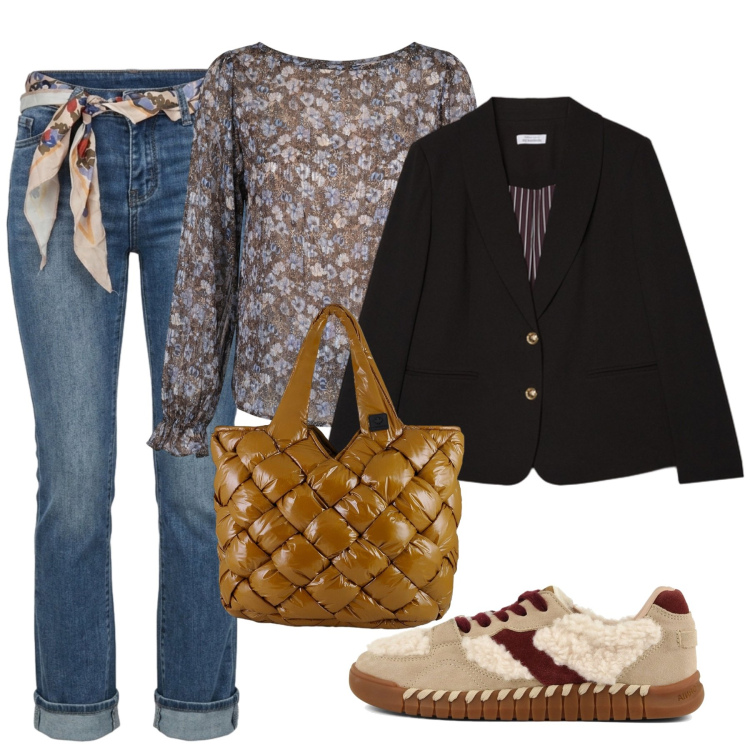 Outfit donna - Total look #2495042. Stile Casual per Tutti i giorni. Abbinamento con blazer, borse tote, jeans a zampa, bluse, sneakers.