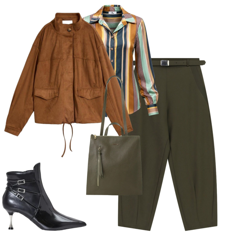 Outfit donna - Ottobre. Stile Casual chic per Tutti i giorni. Abbinamento con camicie, pantaloni, borse a tracolla, stivaletti, bomber.