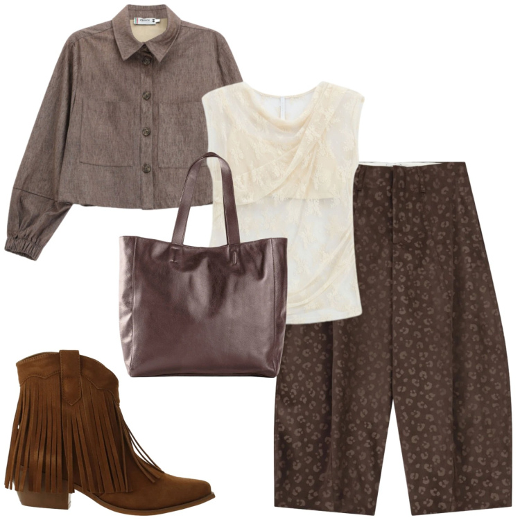 Outfit donna - Total look #2495047. Stile Urban per Tutti i giorni. Abbinamento con stivaletti texani, top, cappotti, pantaloni, shopping bag.