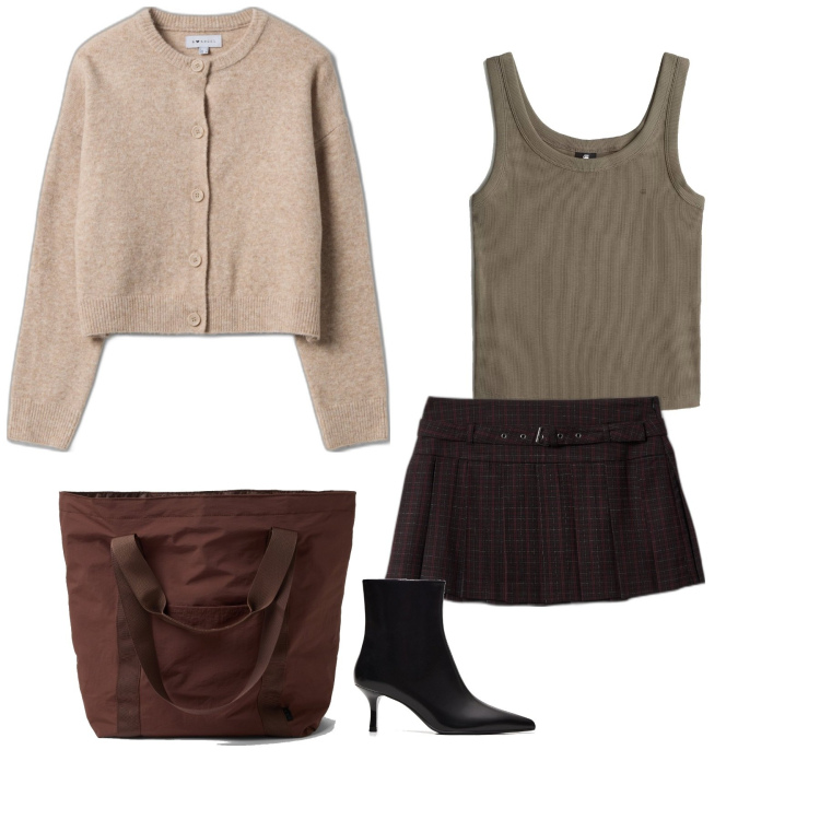 Outfit mujer - Preppy #738. Estilo Preppy para Todos los días. Combinación con top, bolso shopper, cárdigans, minifaldas, botines.