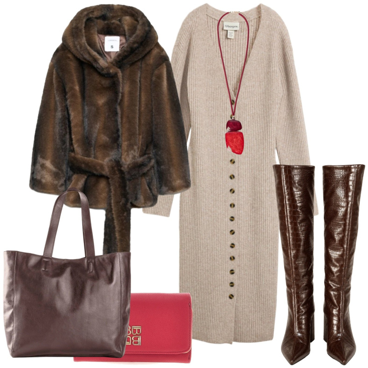 Outfit donna - Pop of red. Stile Chic per Tutti i giorni. Abbinamento con ciondoli, stivali, blazer, vestiti midi/longuette, portafogli, shopping bag.