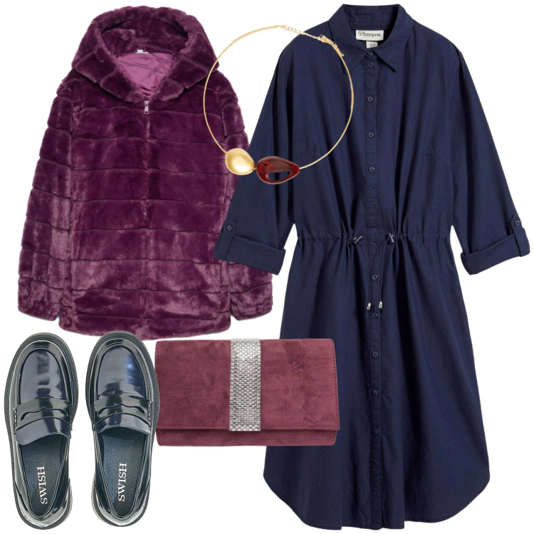 Outfit donna - Sunday. Stile Casual chic per Tutti i giorni. Abbinamento con clutch, collane, blazer, mocassini, vestiti chemisier.