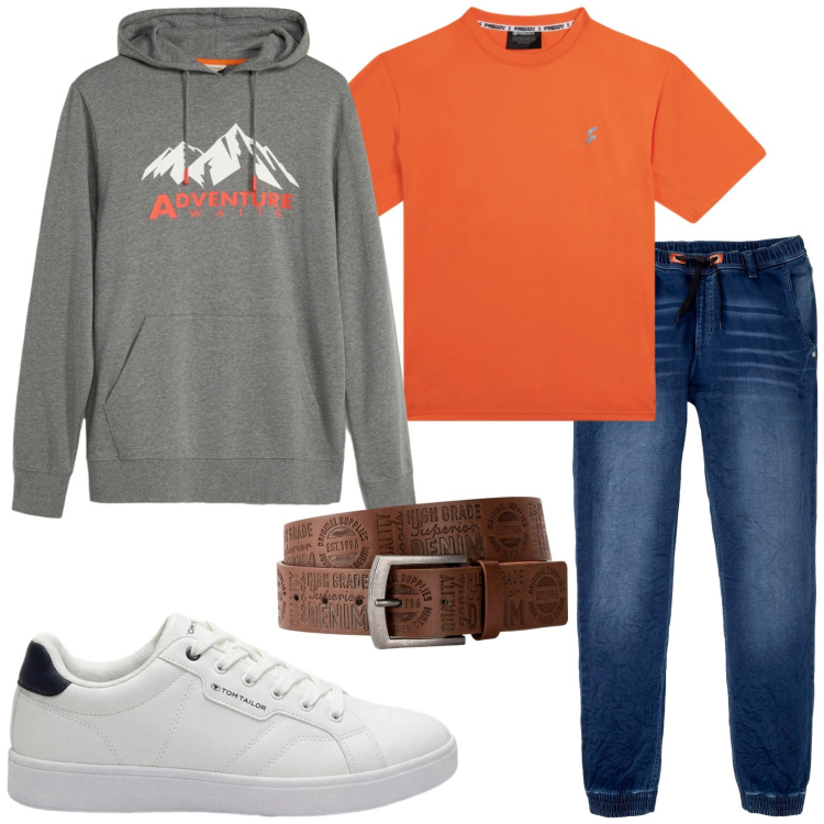 Outfit uomo - Sportivo in città. Stile Casual per Tutti i giorni. Abbinamento con t-shirt, cinture, jeans dritti, sneakers, felpe con cappuccio.
