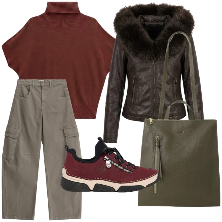 Outfit donna - Weekend Out of Town. Stile Trendy per Tutti i giorni. Abbinamento con pullovers, borse a tracolla, pantaloni cargo, giacche, sneakers.