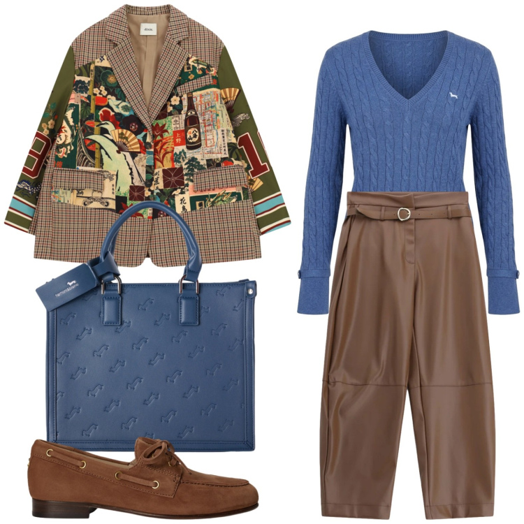 Outfit donna - Weekend Out of Town. Stile Casual per Tutti i giorni. Abbinamento con borse a mano, maglieria, pantaloni, mocassini, blazer.