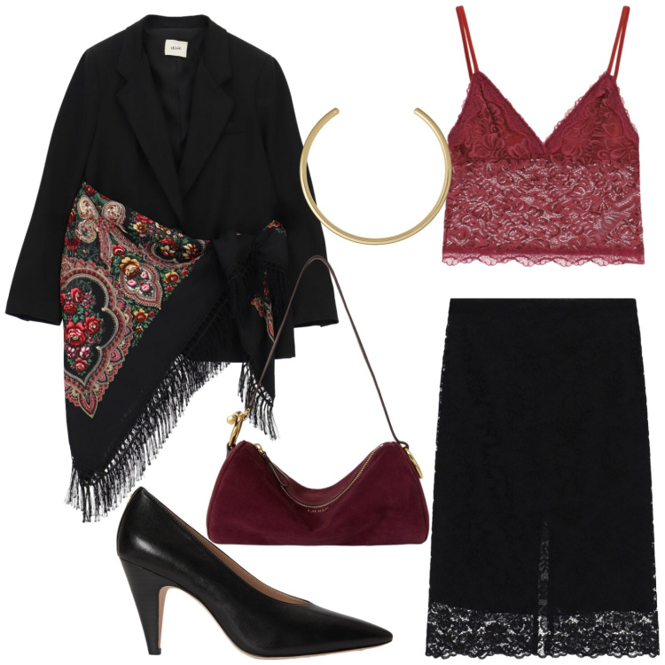 Outfit donna - Halloween movie icons. Stile Rock per Serata fuori. Abbinamento con borse a spalla, collane, décolleté, top, blazer, gonne longuette.
