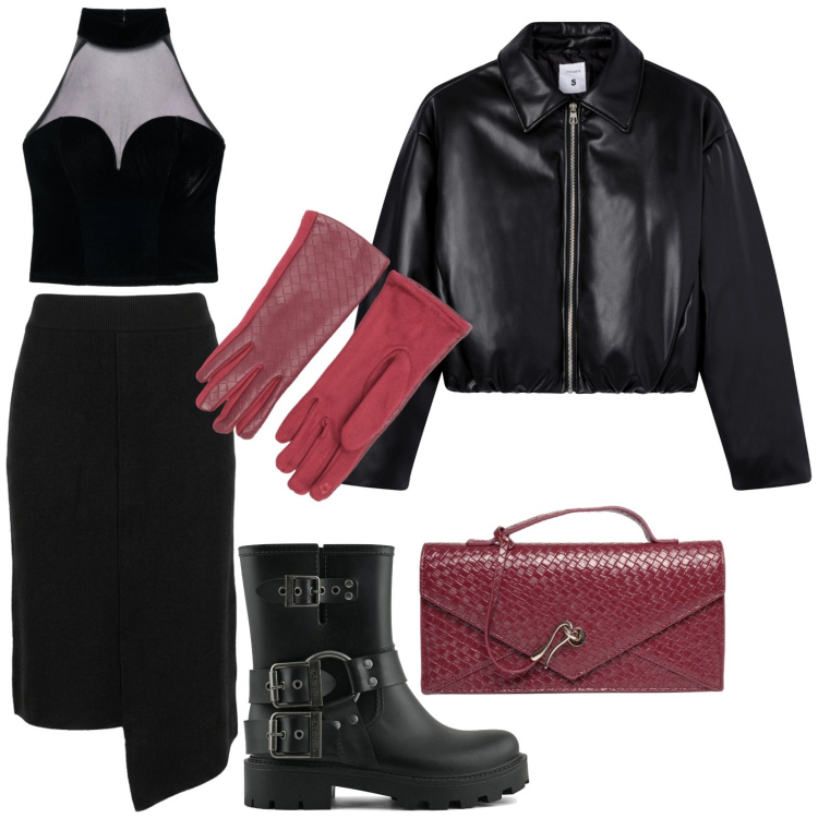 Outfit donna - Halloween movie icons. Stile Rock per Serata fuori. Abbinamento con gonne lunghe, guanti, clutch, giacche, top, stivali.