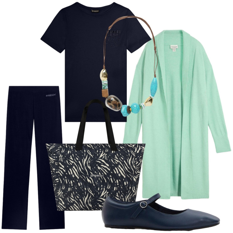 Outfit donna - Cardigan acquamarina. Stile Casual per Tutti i giorni. Abbinamento con collane, shopping bag, pantaloni, t-shirt, ballerine, cardigans.