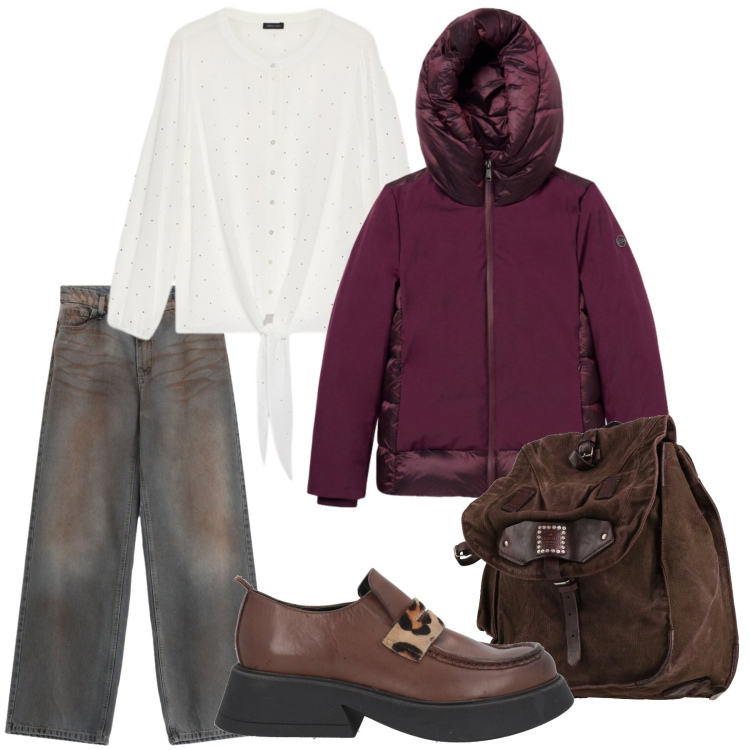 Outfit donna - Piumino funzionale. Stile Glamour per Tutti i giorni. Abbinamento con camicie, piumini, jeans dritti, mocassini, zaini.