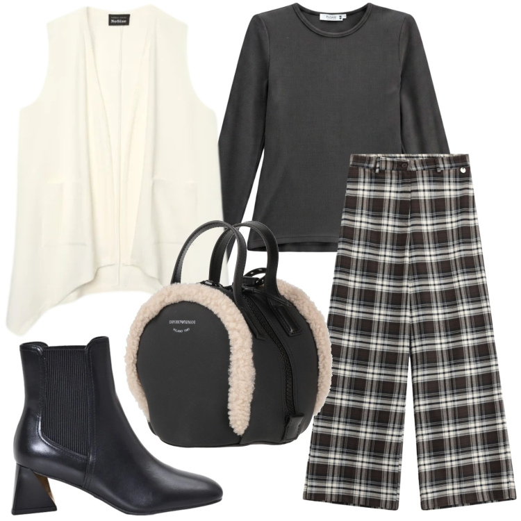 Outfit donna - Quadri distintivi. Stile Casual per Tutti i giorni. Abbinamento con pantaloni a palazzo, gilet, t-shirt, stivaletti, zaini.