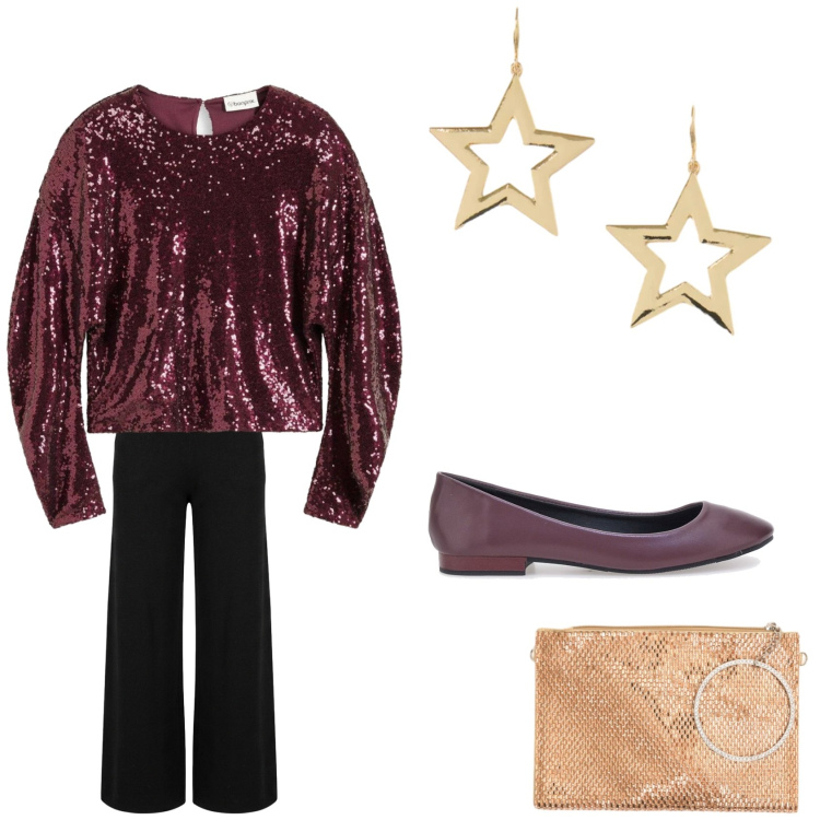 Outfit donna - Total look #2495079. Stile Chic per Serata fuori. Abbinamento con orecchini, pochette, pantaloni a palazzo, bluse, ballerine.