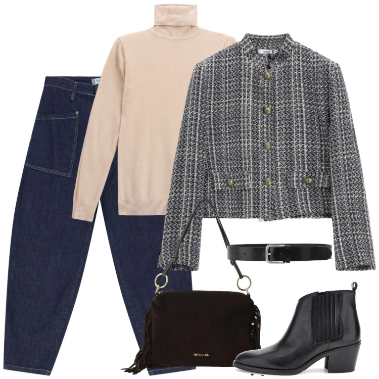 Outfit donna - È autunno. Stile Trendy per Tutti i giorni. Abbinamento con borse a spalla, cappotti, jeans, pullovers, cinture, stivaletti texani.