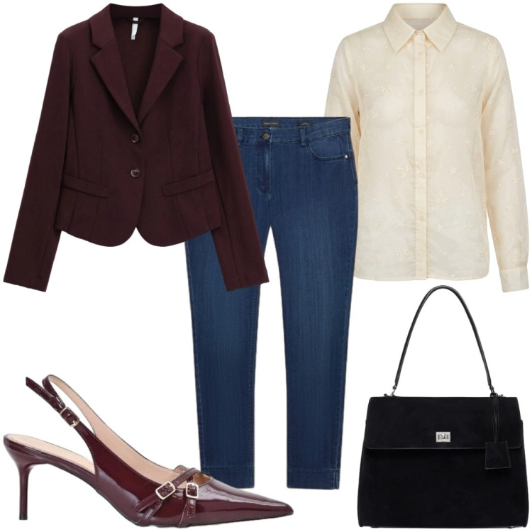 Outfit donna - Jeans, blazer e tacchi!. Stile Casual chic per Tutti i giorni. Abbinamento con blazer, borse a mano, jeans skinny, décolleté, camicie.