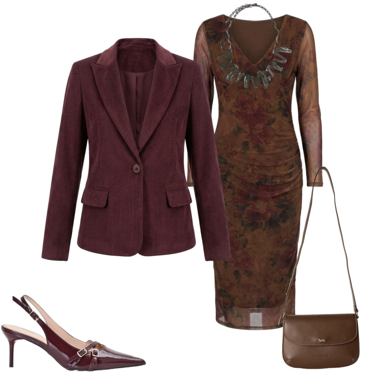 Outfit donna - Aperitivo glam. Stile Glamour per Serata fuori. Abbinamento con borse a tracolla, ciondoli, décolleté, blazer, vestiti midi/longuette.