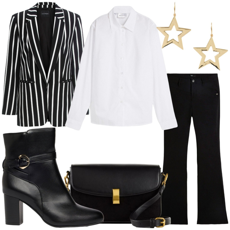 Outfit donna - Domani sera. Stile Glamour per Serata fuori. Abbinamento con orecchini, pantaloni, camicie, borse a mano, stivaletti, blazer.