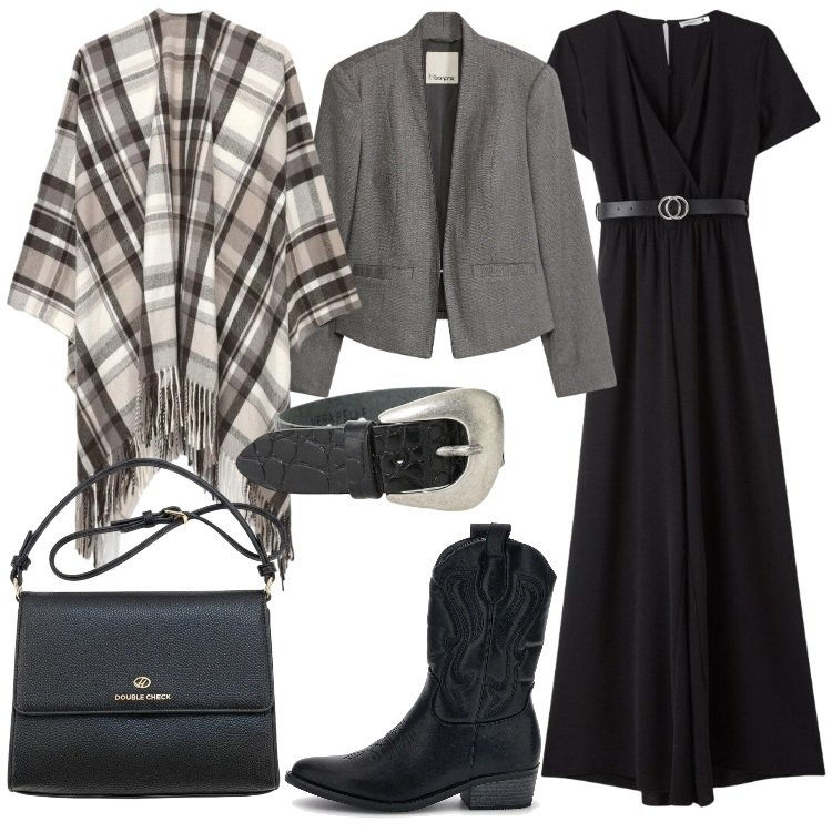 Outfit donna - Urban Footprint. Stile Urban per Ufficio. Abbinamento con braccialetti, vestiti lunghi, cappe, stivaletti texani, borse a tracolla, blazer.