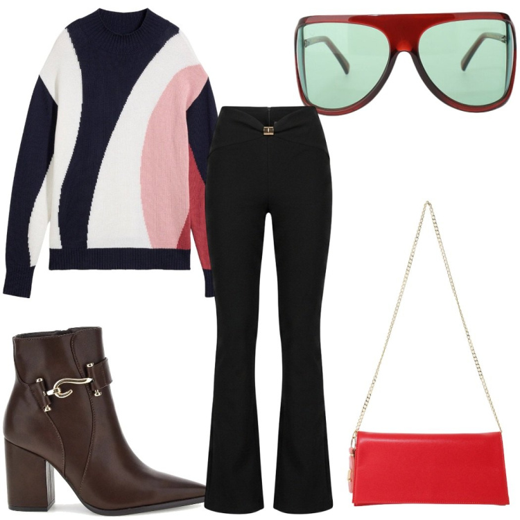 Outfit donna - Passeggiata in villa. Stile 70s per Tutti i giorni. Abbinamento con borse a tracolla, occhiali da sole, pantaloni, stivaletti, maglieria.