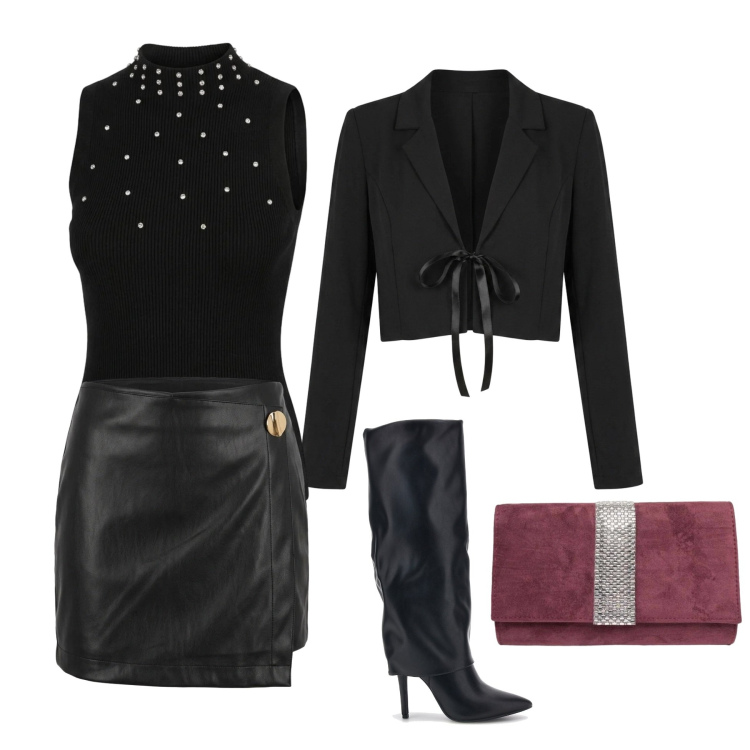 Outfit donna - Fascino noir. Stile Glamour per Serata fuori. Abbinamento con bolero, top, minigonne, clutch, stivali.