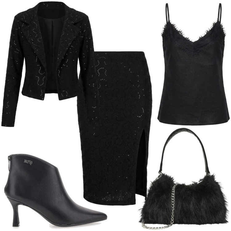 Outfit donna - Halloween glamour. Stile Glamour per Serata fuori. Abbinamento con gonne longuette, blazer, top, borse a spalla, stivaletti.