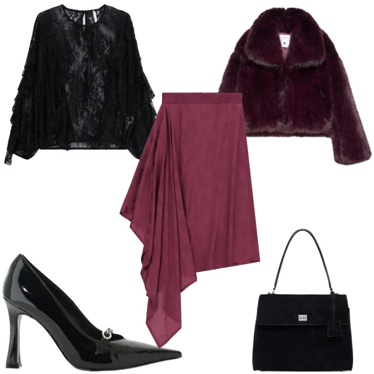Outfit donna - Halloween movie icons: strega in viola. Stile Glamour per Serata fuori. Abbinamento con bluse, décolleté, borse a mano, gonne longuette, blazer.