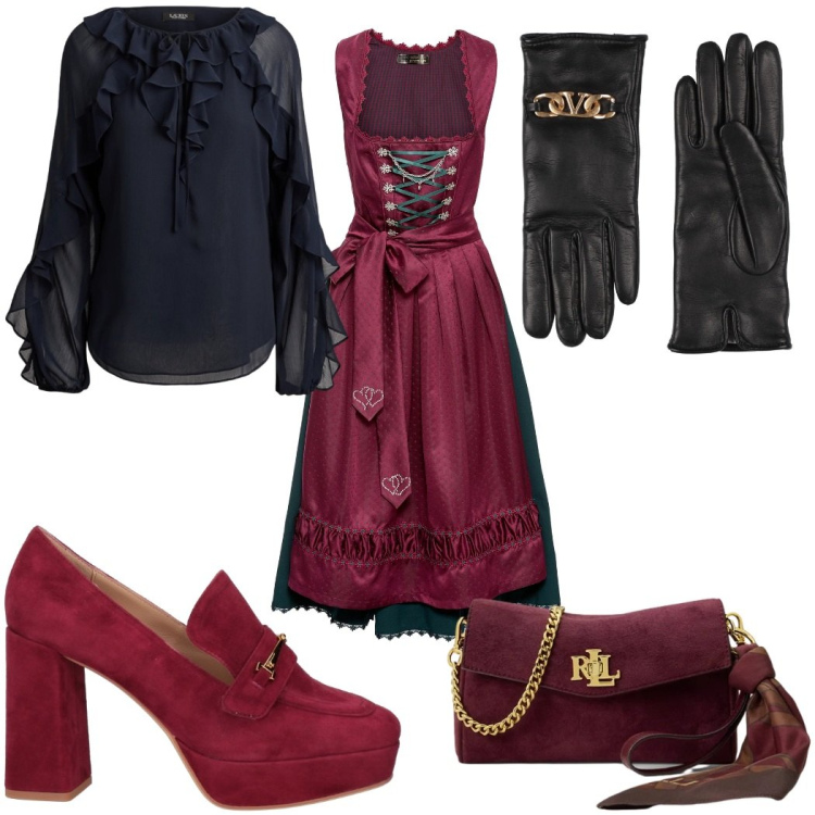 Outfit donna - Halloween : vampira a mezzanotte. Stile Glamour per Serata fuori. Abbinamento con bluse, borse a tracolla, mocassini, guanti, vestiti.