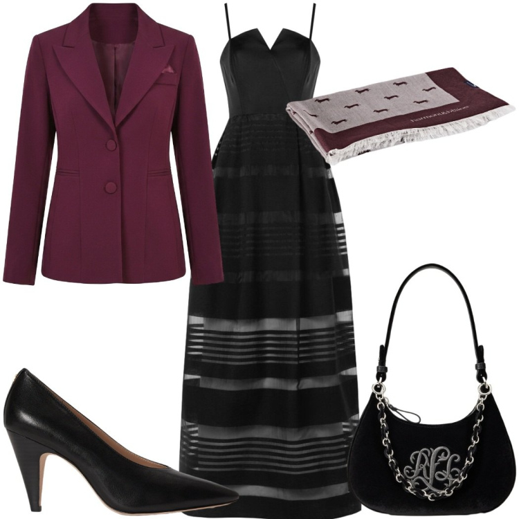 Outfit donna - Halloween: spaventosamente bella!. Stile Glamour per Serata fuori. Abbinamento con sciarpe, borse a spalla, décolleté, vestiti lunghi, blazer.