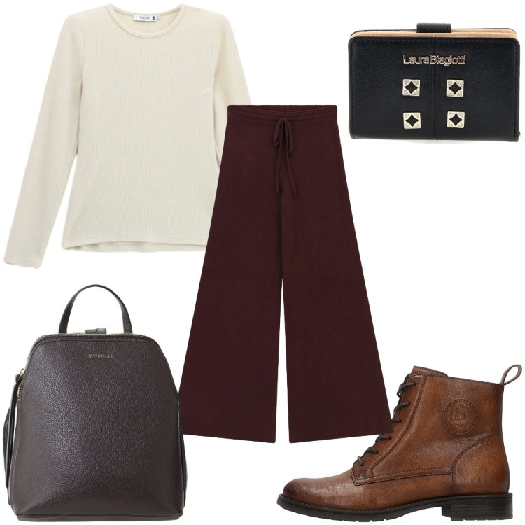 Outfit donna - Urban Footprint: minimal in ufficio. Stile Minimal per Ufficio. Abbinamento con pantaloni a palazzo, zaini, t-shirt, anfibi, portafogli.