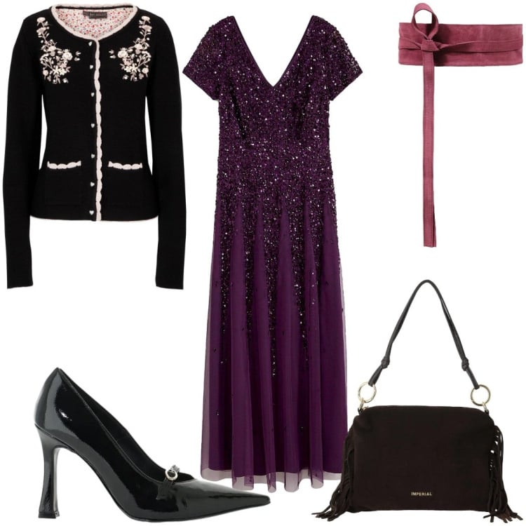 Outfit donna - Cena romantica d'autunno glamour. Stile Glamour per Serata fuori. Abbinamento con cinture, borse a spalla, décolleté, vestiti, cardigans.