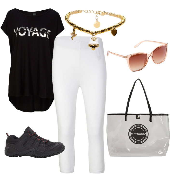 Outfit donna - Sport. Stile Casual per Sport. Abbinamento con shopping bag, braccialetti, leggings, scarpe sportive, maglieria, occhiali da sole.