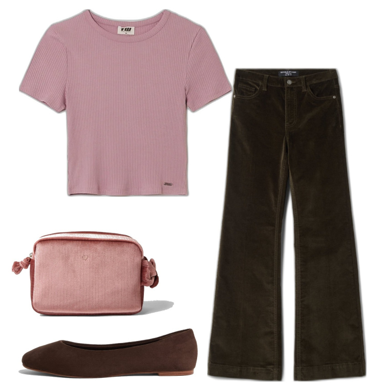 Outfit mujer - Urban style. Estilo Urban para Todos los días. Combinación con vaqueros bootcut, maletas, camiseta, bailarinas.