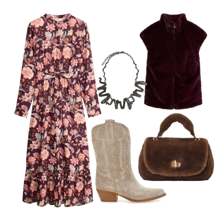 Outfit donna - Boho femminile. Stile Boho per Serata fuori. Abbinamento con ciondoli, borse a mano, stivaletti texani, vestiti lunghi, gilet.
